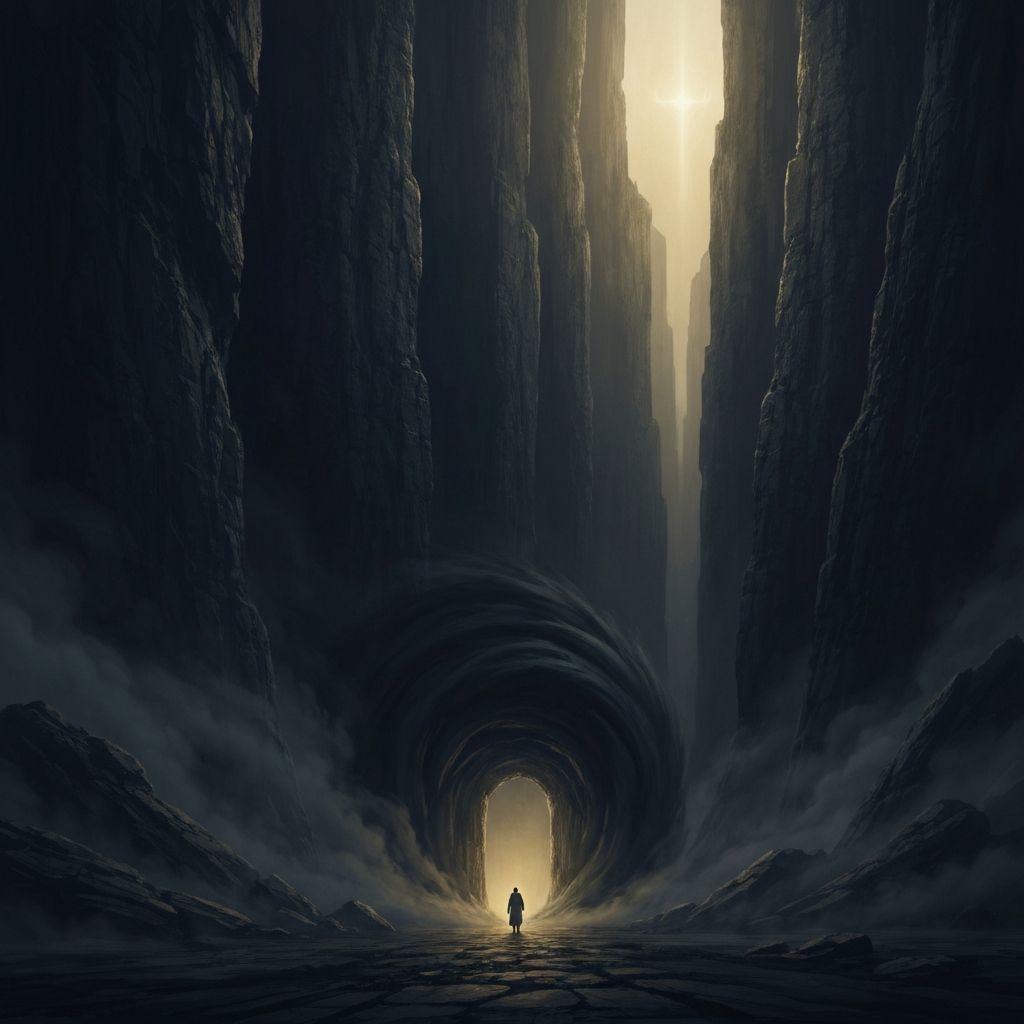 O Desfiladeiro das Sombras — cânion escuro com luz ao longe