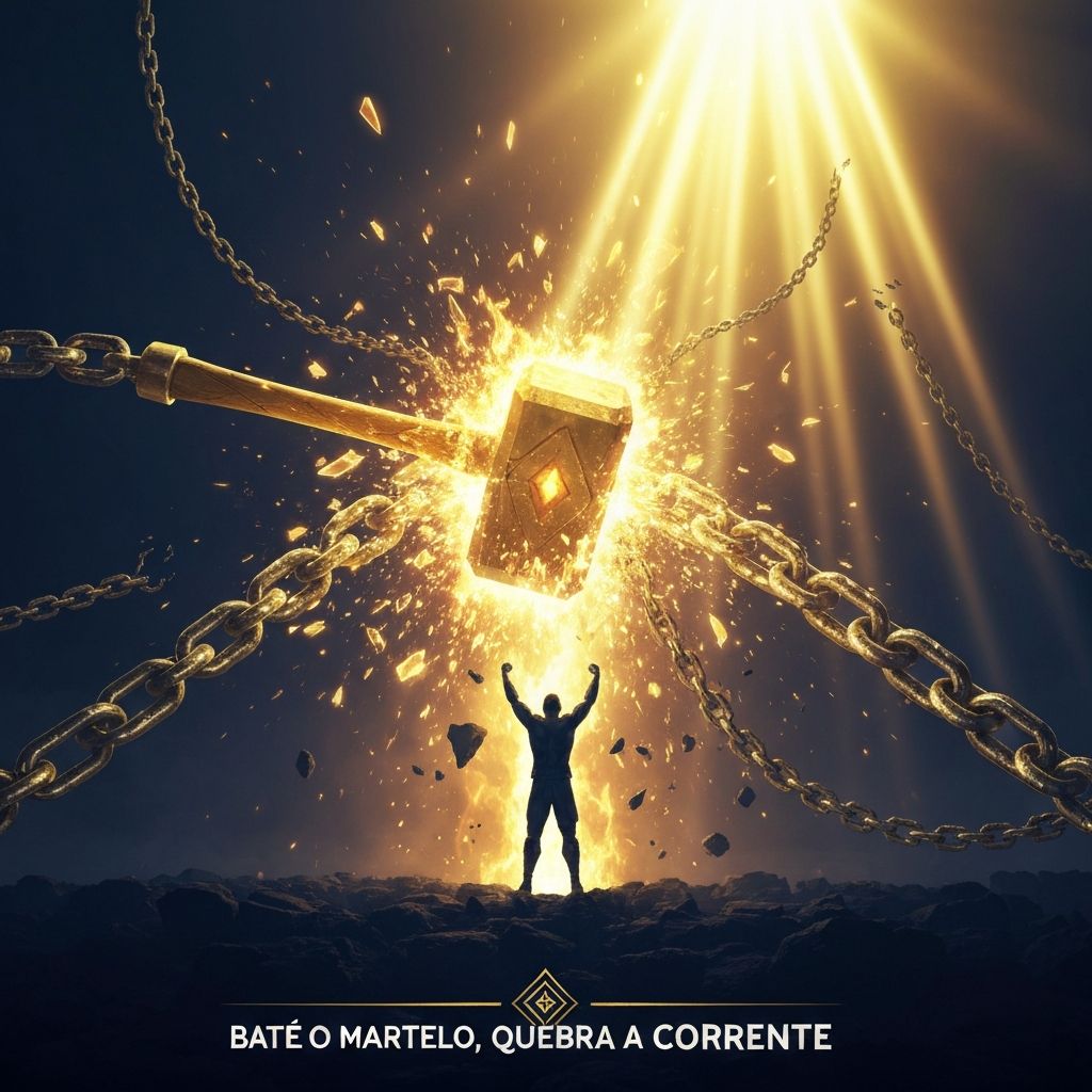 Libertação — martelo dourado quebrando correntes de ferro